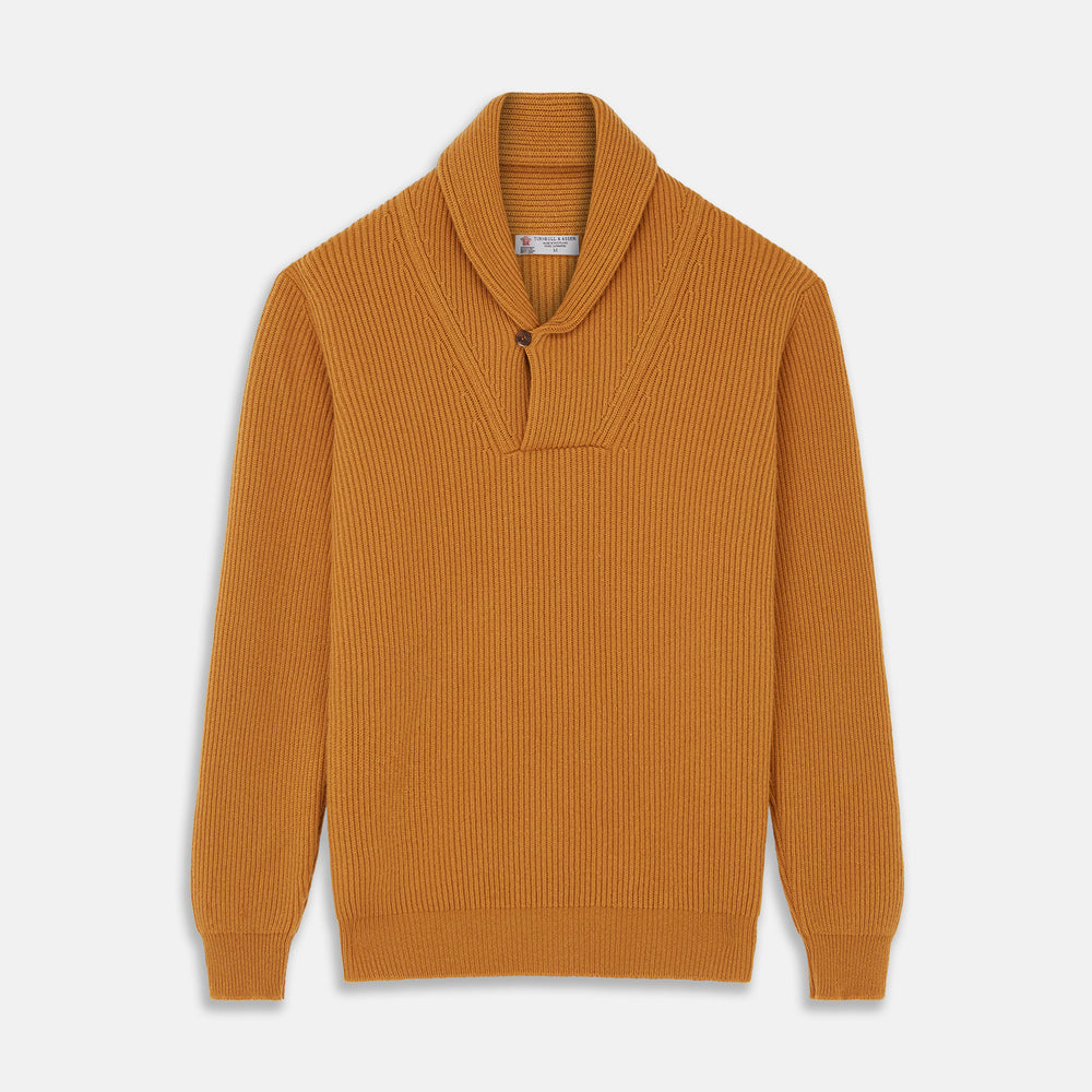 The Turnbull & Asser Gold Cashmere Shawl Neck Lytton Jumper, in ribbed knit with a horn button at the neckline, is stylishly laid flat on a white background.