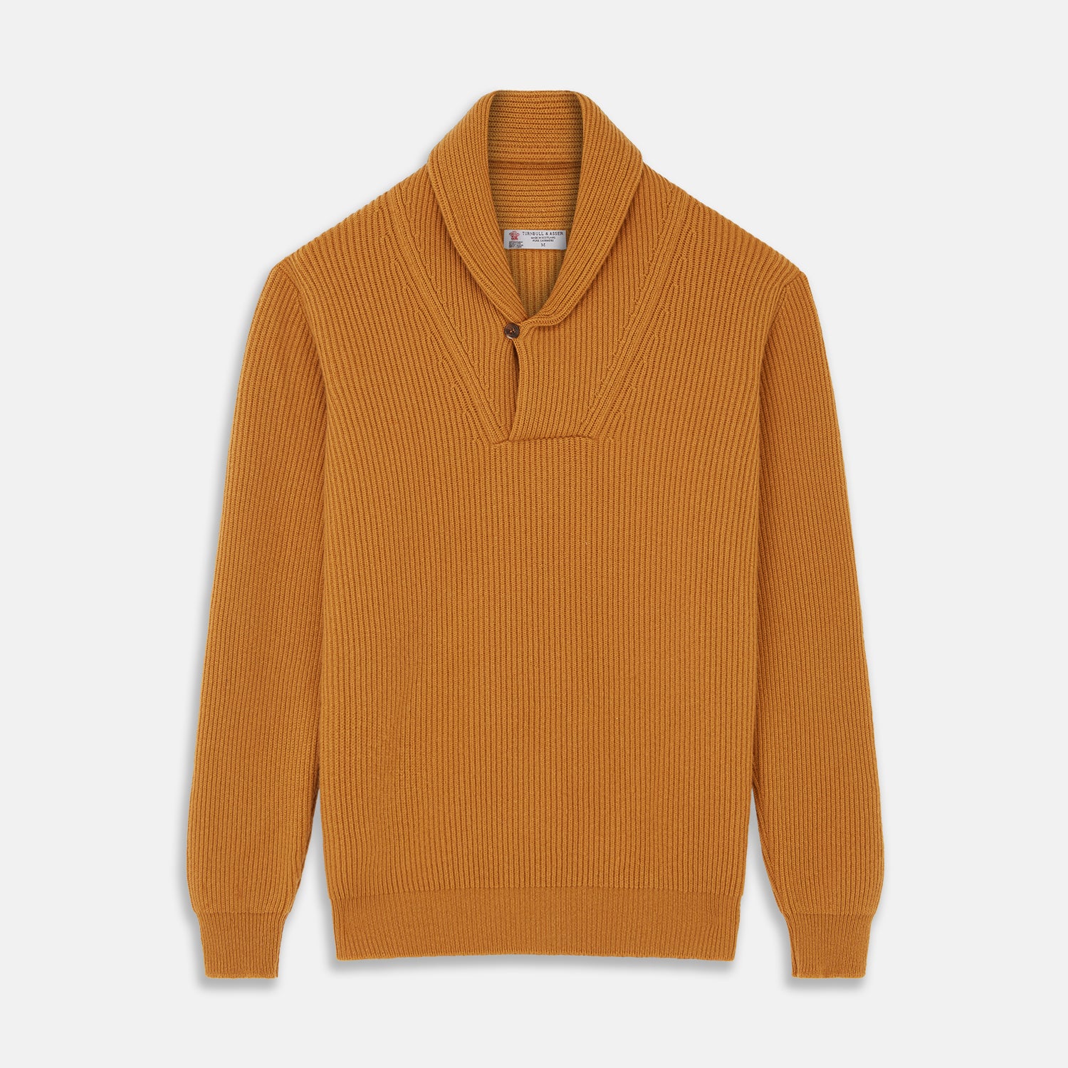 View 1 of product The Turnbull & Asser Gold Cashmere Shawl Neck Lytton Jumper, in ribbed knit with a horn button at the neckline, is stylishly laid flat on a white background.