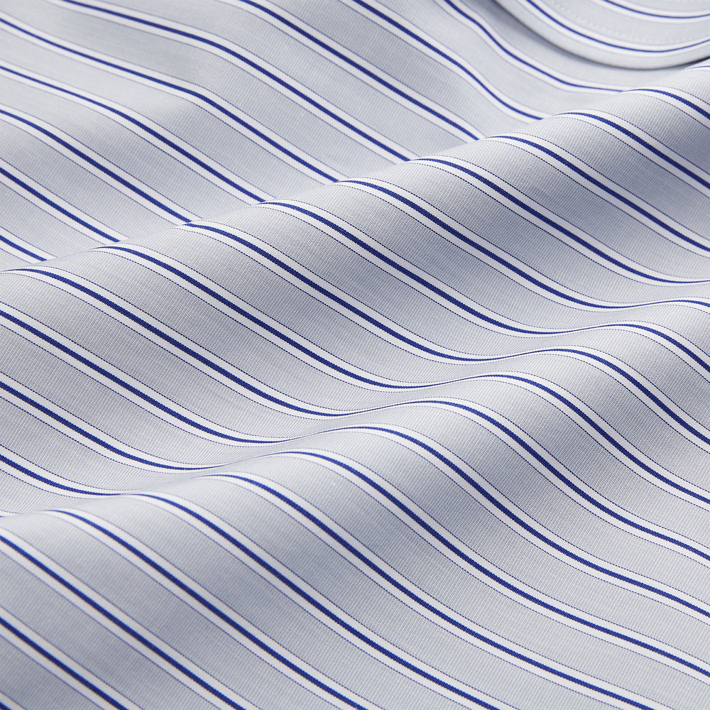 Turnbull & Asser Navy & Blue Stripe Weekend Fit Shirt, featuring a Derby collar, single button cuffs, and a chest pocket, laid flat on a white background.