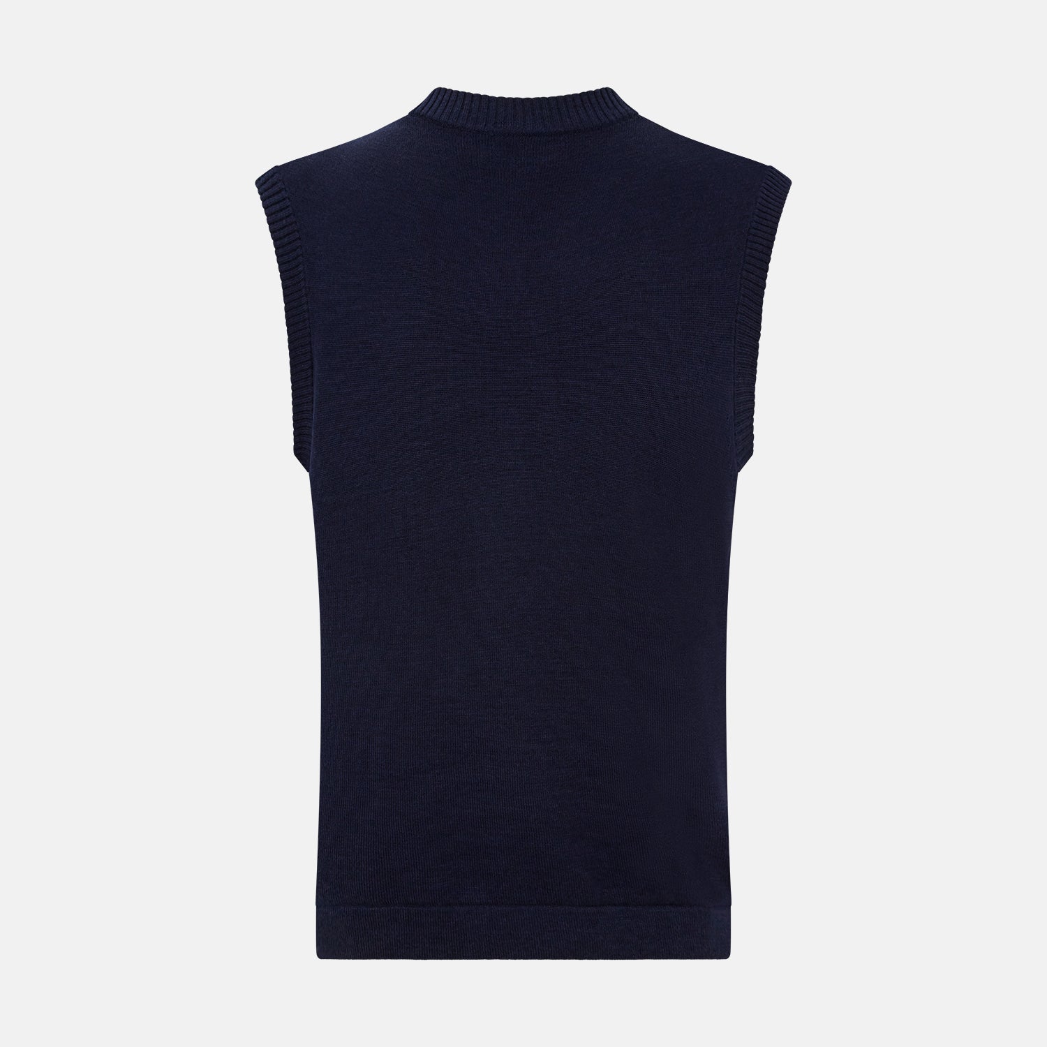 View 3 of product The Turnbull & Asser Navy Fine Merino V-Neck Vest is a sleeveless sweater exuding sophistication with its classic design, shown on a plain white background.