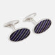 Turnbull & Asser Navy Striped Oval Enamel Cufflinks feature navy blue and black diagonal stripes, shiny silver edges, and a modern oval shape—reflecting masculine elegance in every detail.