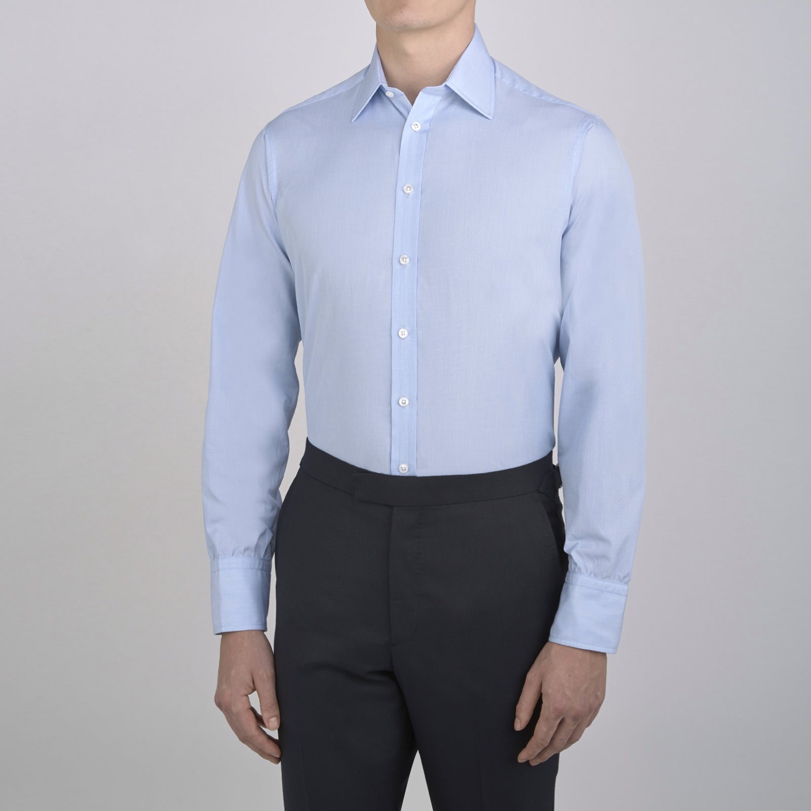 View 2 of product The Turnbull & Asser Light Blue End-on-End Shirt features a T&A collar and 3-button cuffs, neatly displayed against a plain white background—ideal for pairing with a navy suit.