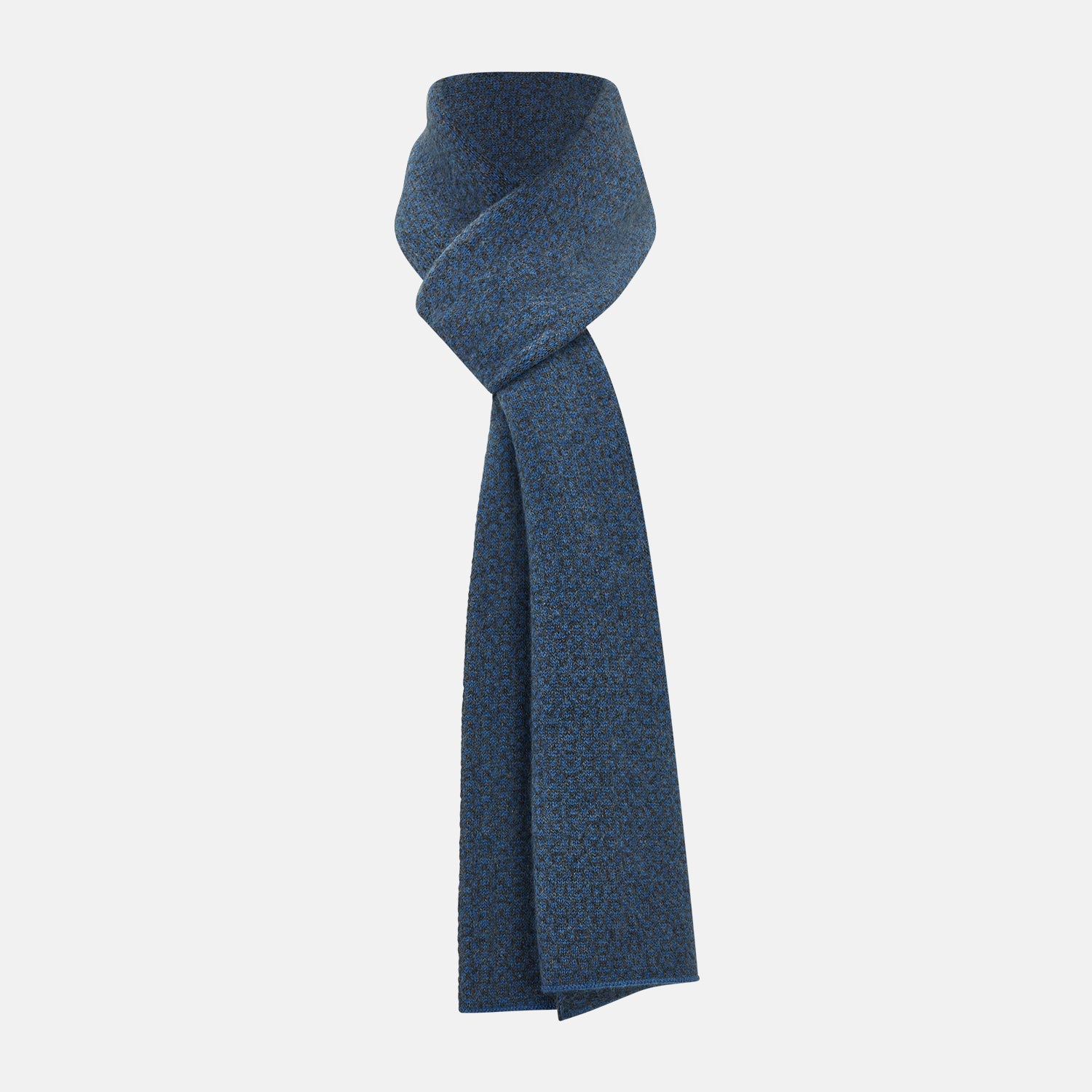 View 1 of product The Azzurro and Graphite Lozenge-Patterned Cashmere Knitted Scarf by Turnbull & Asser features a blue geometric design and luxurious softness, displayed in a looped drape with both ends hanging against a white background.