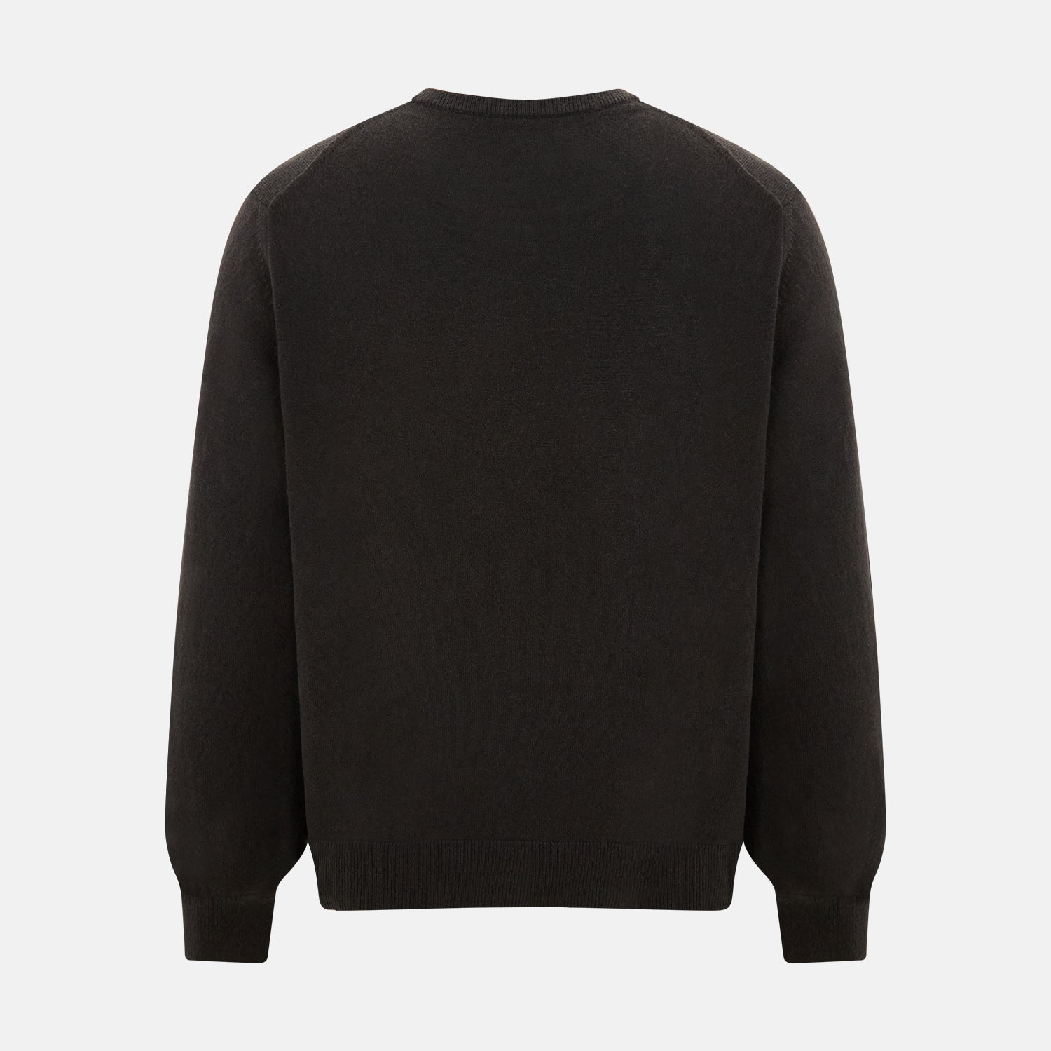 View 3 of product A plain, long-sleeved brown cashmere round neck jumper by Turnbull & Asser displayed on a white background. This men’s knitwear features ribbed cuffs, hem, and neckline with a relaxed fit and no visible patterns or logos.