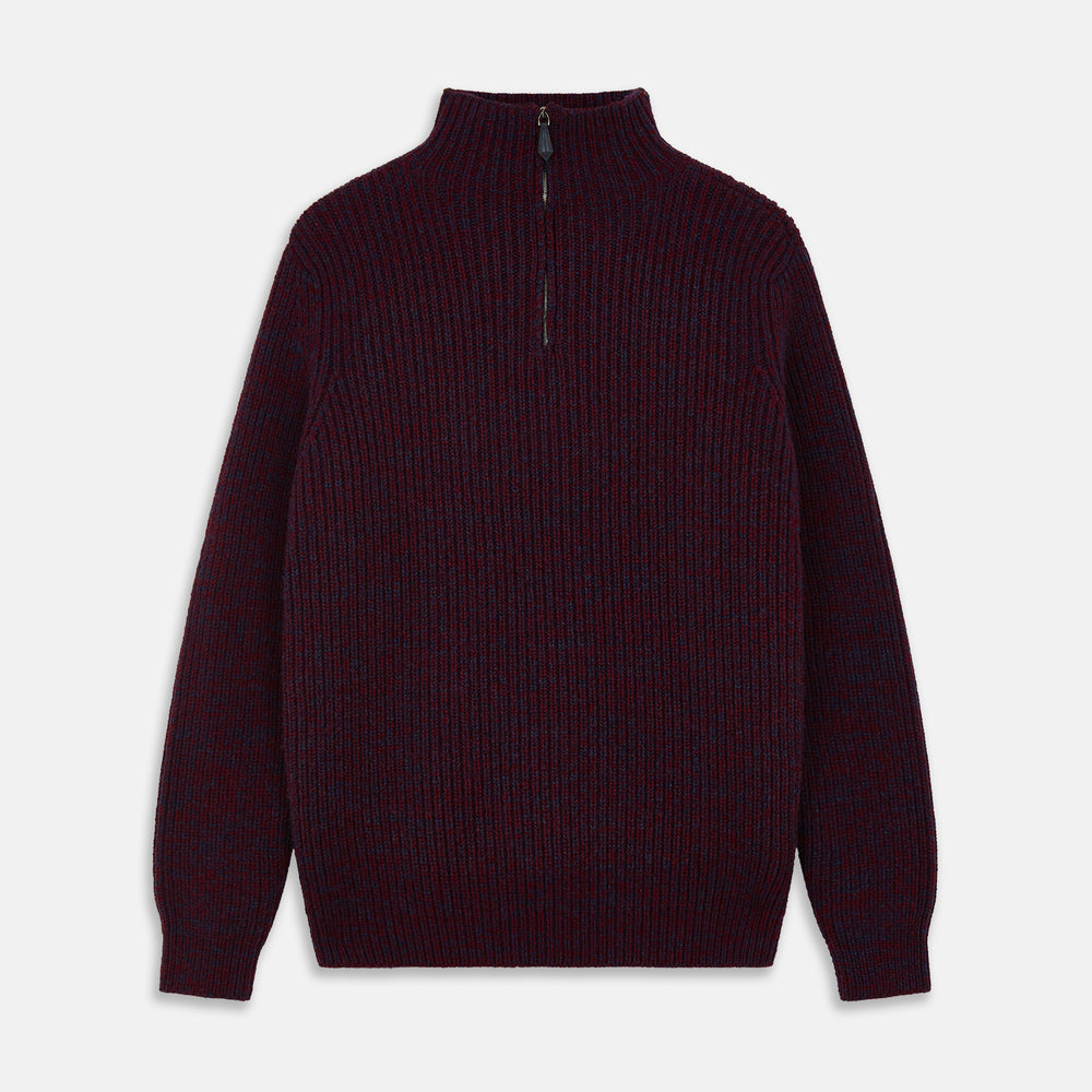 The Turnbull & Asser Burgundy Mullion Half Zip Rib Cashmere Jumper features a high collar and half-zip front in dark red and navy cashmere, shown laid flat on a white background—ideal for an elevated casual look.