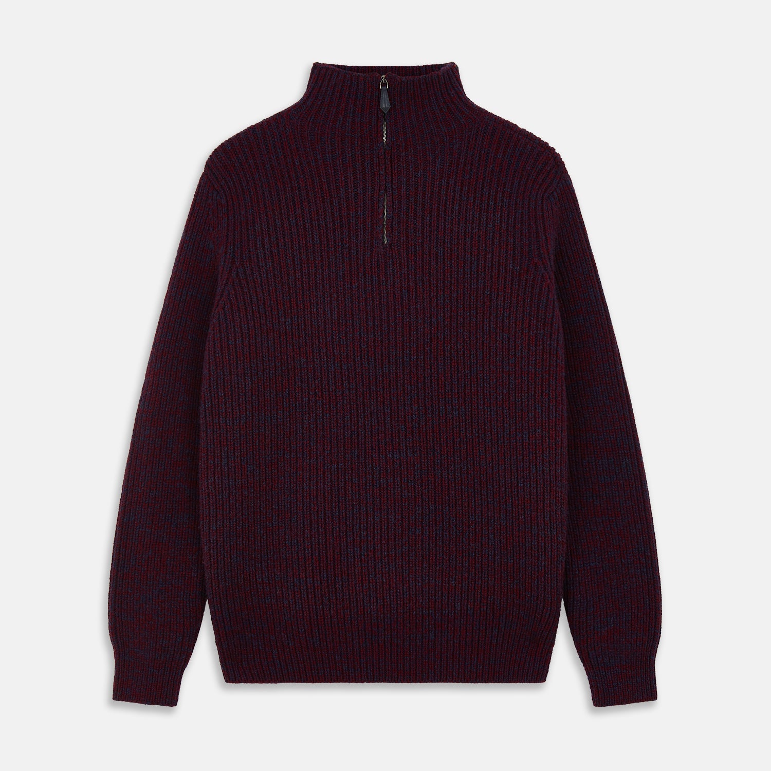 View 1 of product The Turnbull & Asser Burgundy Mullion Half Zip Rib Cashmere Jumper features a high collar and half-zip front in dark red and navy cashmere, shown laid flat on a white background—ideal for an elevated casual look.