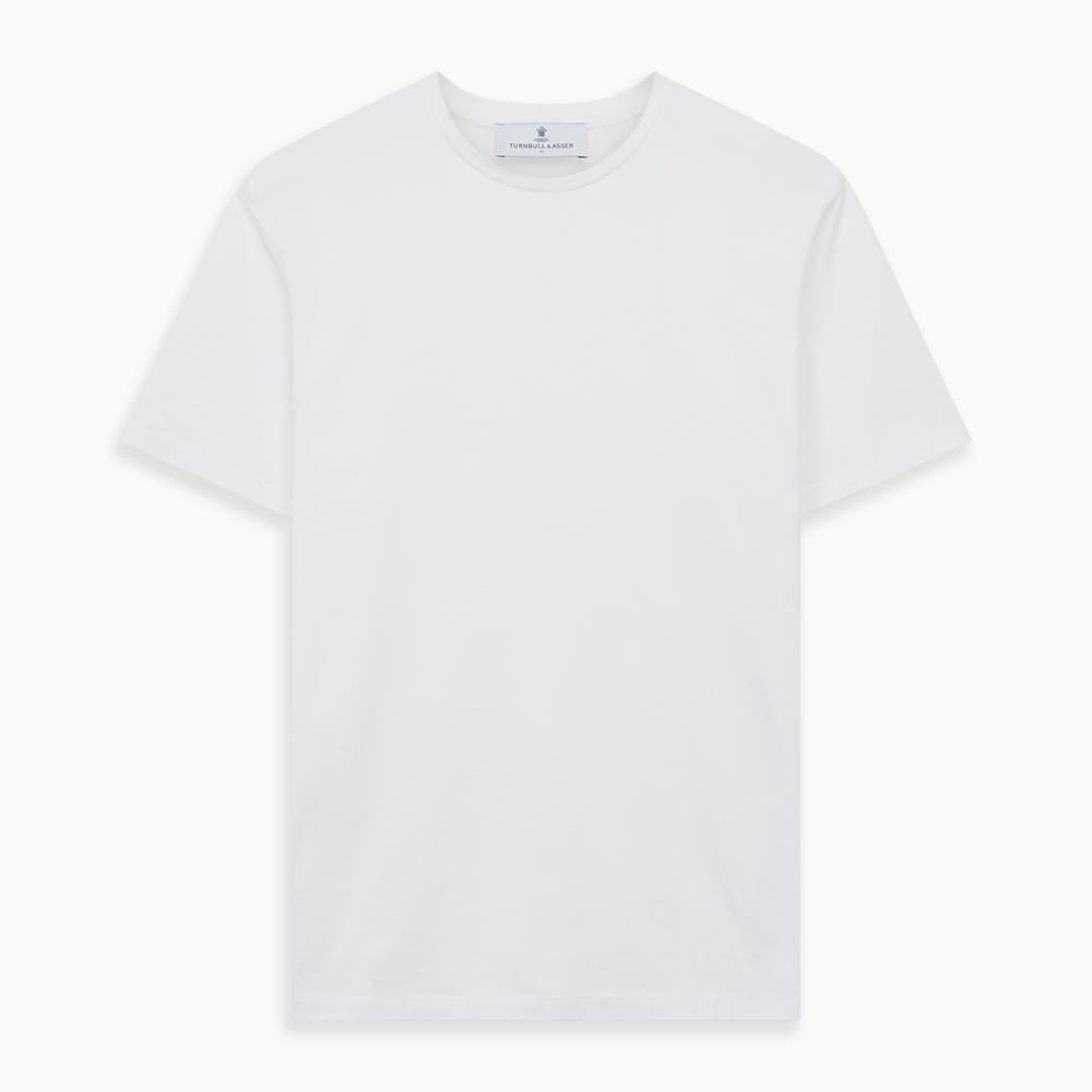 The White Davey Cotton T-Shirt by Turnbull & Asser is a plain white, fine-gauge jersey crew neck with short sleeves and a small neck tag, made in the UK and shown on a white background with no logos or designs.