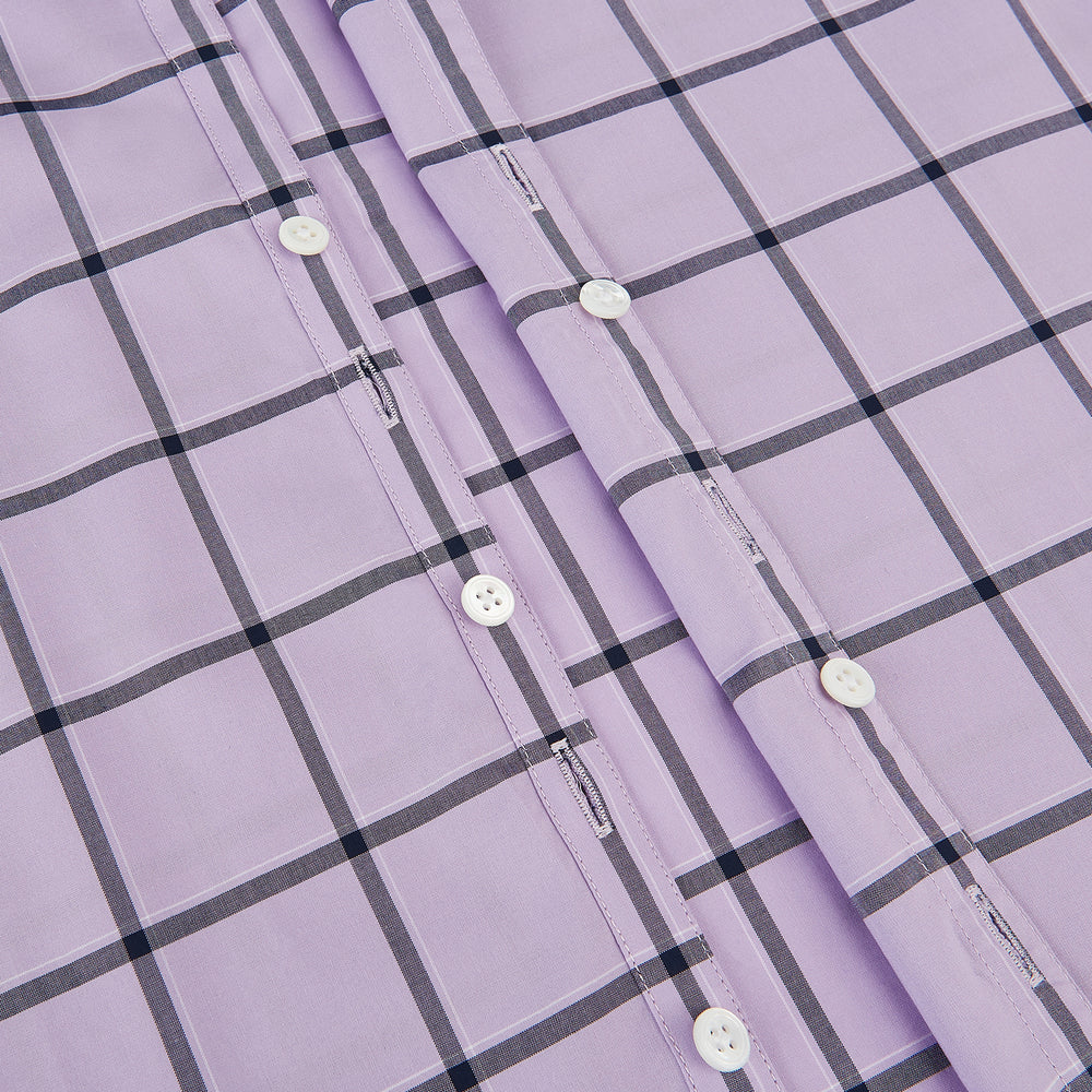 A long-sleeve, button-up Lilac Grid Check Windsor Shirt by Turnbull & Asser, featuring a black windowpane pattern and a refined Windsor collar, displayed on a plain white background.