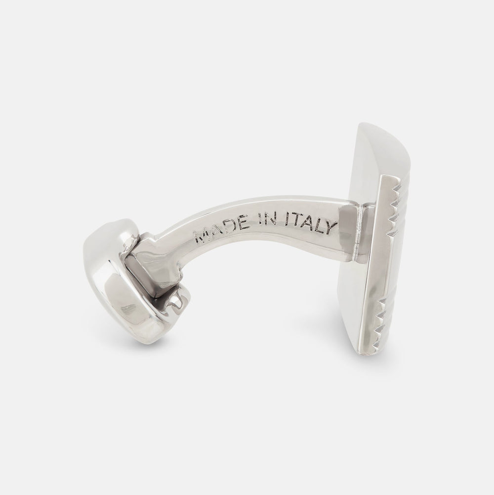 Turnbull & Asser Silver Striped Rectangular Cufflinks feature a subtle horizontal engraved line pattern on the front, set against a white background.