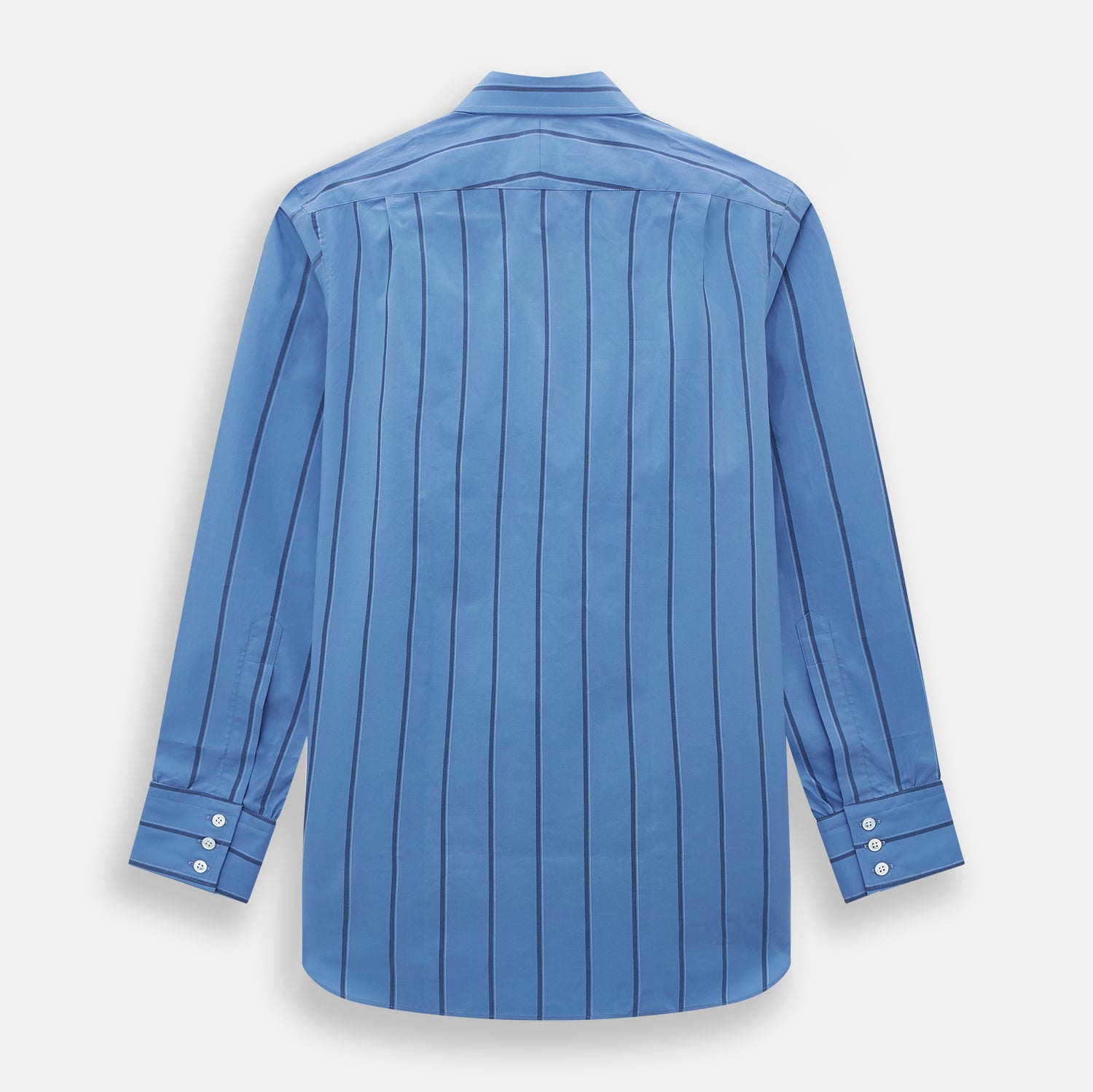 View 3 of product The Turnbull & Asser Colony Blue Track Stripe Mayfair Shirt is crafted from Italian cotton with long sleeves, dark blue track stripes, a classic collar, and buttoned cuffs, shown against a white background.
