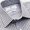 View 2 of product The Turnbull & Asser Pale Blue Multi Check Cotton Regular Fit Mayfair Shirt features a pale blue checkered pattern and long sleeves, shown on a white background.