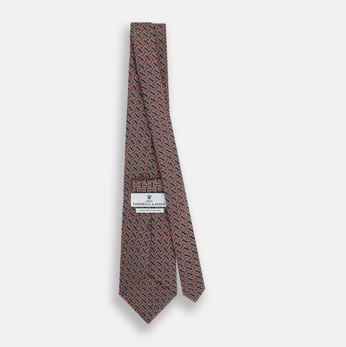 Red and Navy Weave-Patterned Printed Silk Tie Image 3
