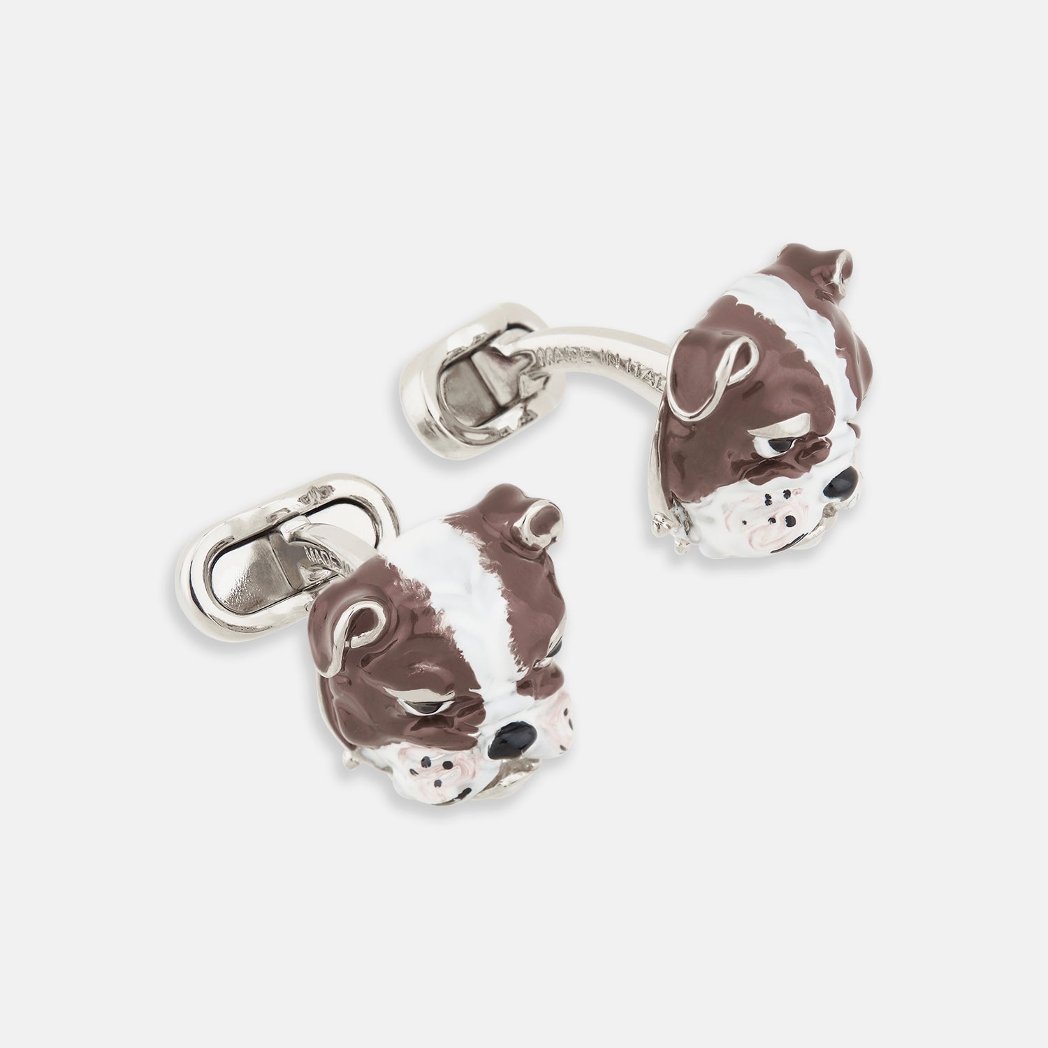 View 1 of product Turnbull & Asser’s British Bulldog Cufflinks, crafted in sterling silver and detailed with brown and white enamel to resemble bulldog heads, celebrate British heritage against a plain white background.