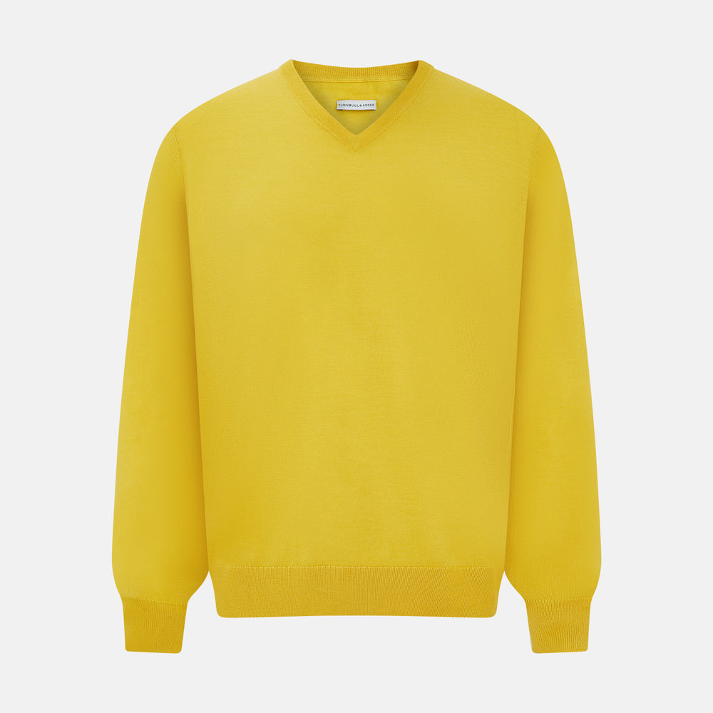 The Turnbull & Asser Canary Yellow Fine Merino V-Neck Jumper, crafted from soft knitwear, features long sleeves and is displayed on a white background.