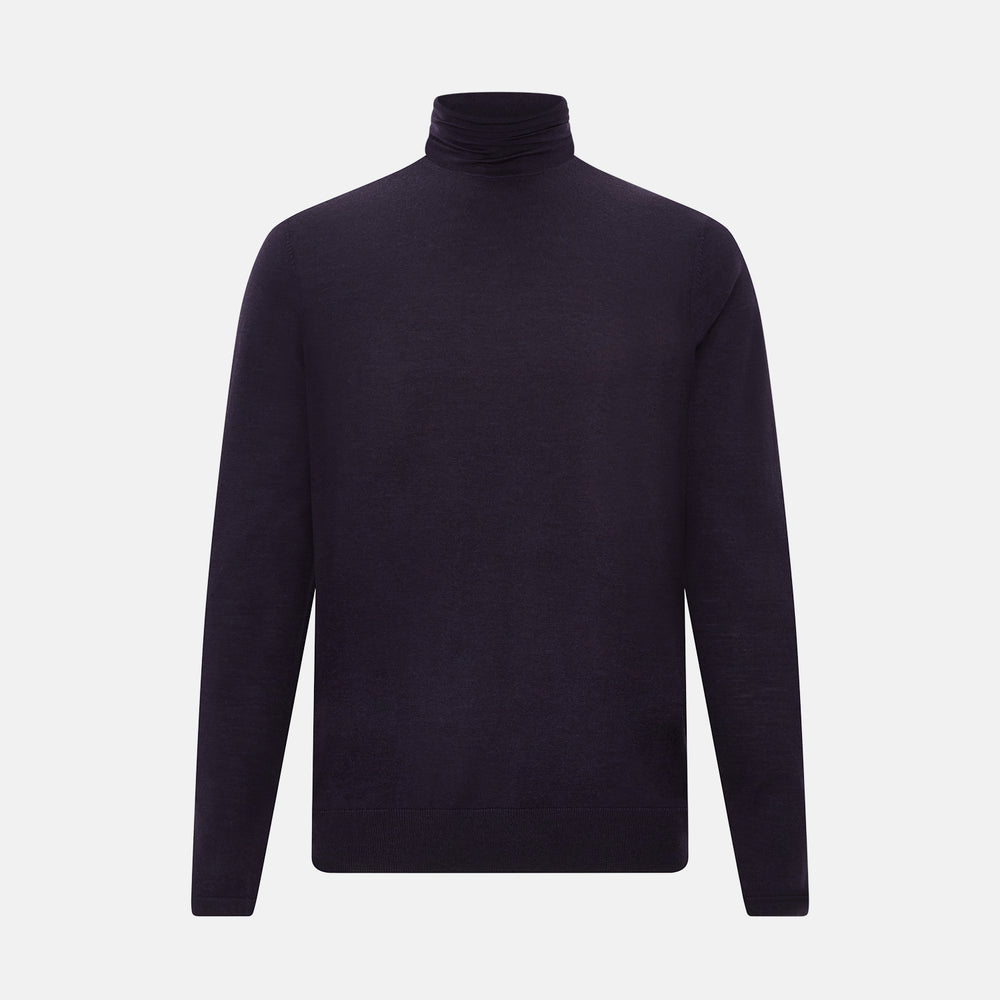 The Turnbull & Asser Dark Purple Fine Merino High Neck Jumper is shown against a white background. This classic sweater features a fitted collar and a simple, timeless design with no visible patterns or logos.