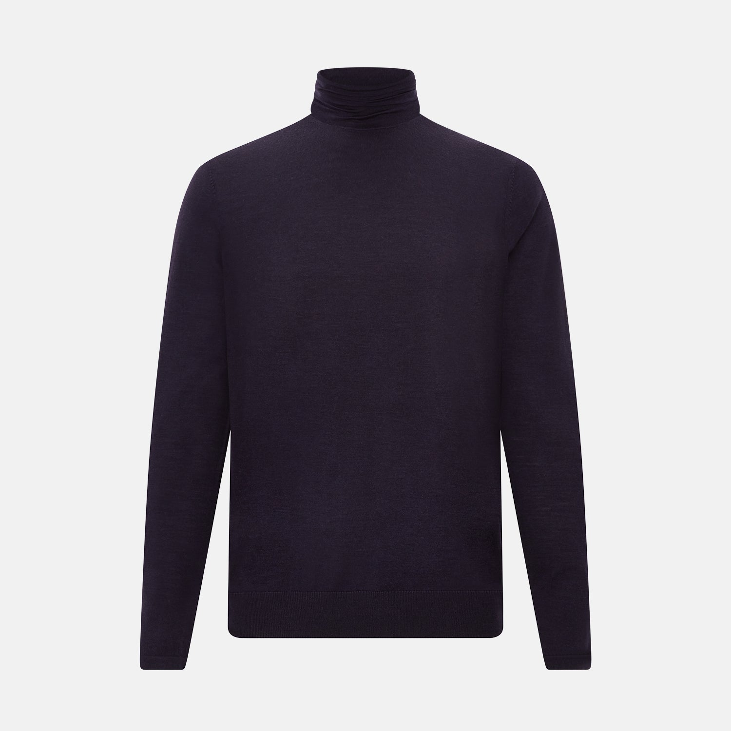 View 1 of product The Turnbull & Asser Dark Purple Fine Merino High Neck Jumper is shown against a white background. This classic sweater features a fitted collar and a simple, timeless design with no visible patterns or logos.