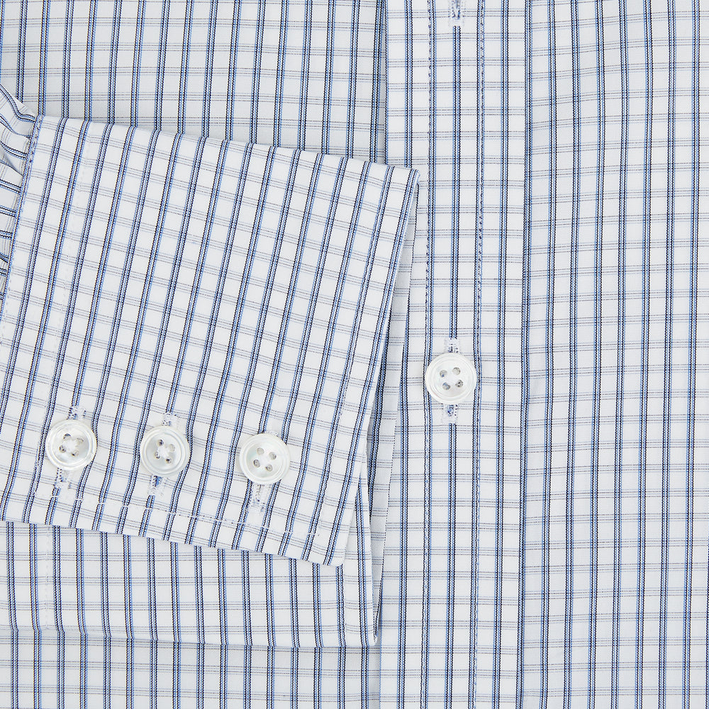 The Turnbull & Asser Blue Multi Tattersall Check Mayfair Shirt is a long-sleeved, button-down shirt featuring a small blue and white check pattern, pointed collar, and cuffs, shown laid flat on a white background.