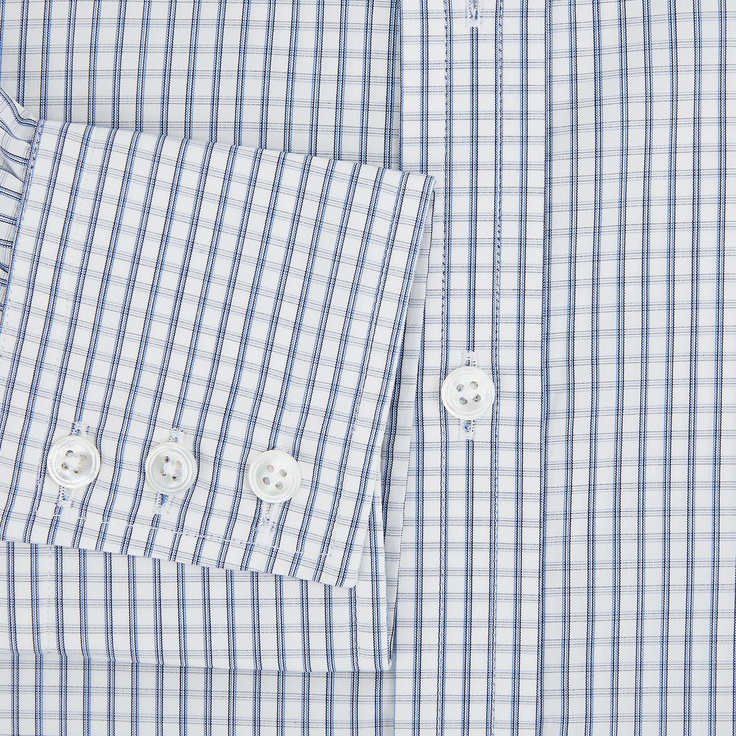 View 4 of product The Turnbull & Asser Blue Multi Tattersall Check Mayfair Shirt is a long-sleeved, button-down shirt featuring a small blue and white check pattern, pointed collar, and cuffs, shown laid flat on a white background.