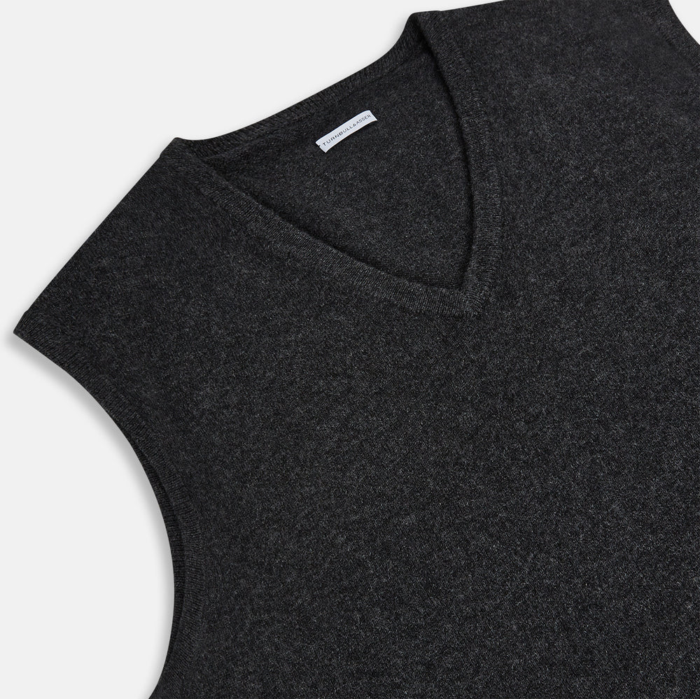 The Turnbull & Asser Charcoal Grey Melange V-Neck Sleeveless Cashmere Vest is shown against a plain white background.