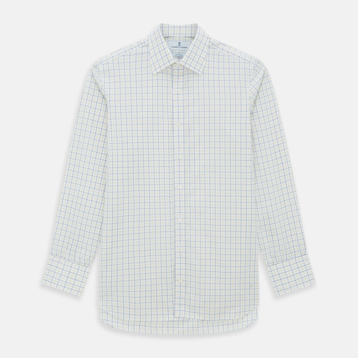 View 1 of product The Turnbull & Asser Yellow Overlay Grid Check Mayfair Shirt is a long-sleeve, button-down shirt made from soft organic cotton, featuring a yellow grid check pattern and shown laid flat on a white background.
