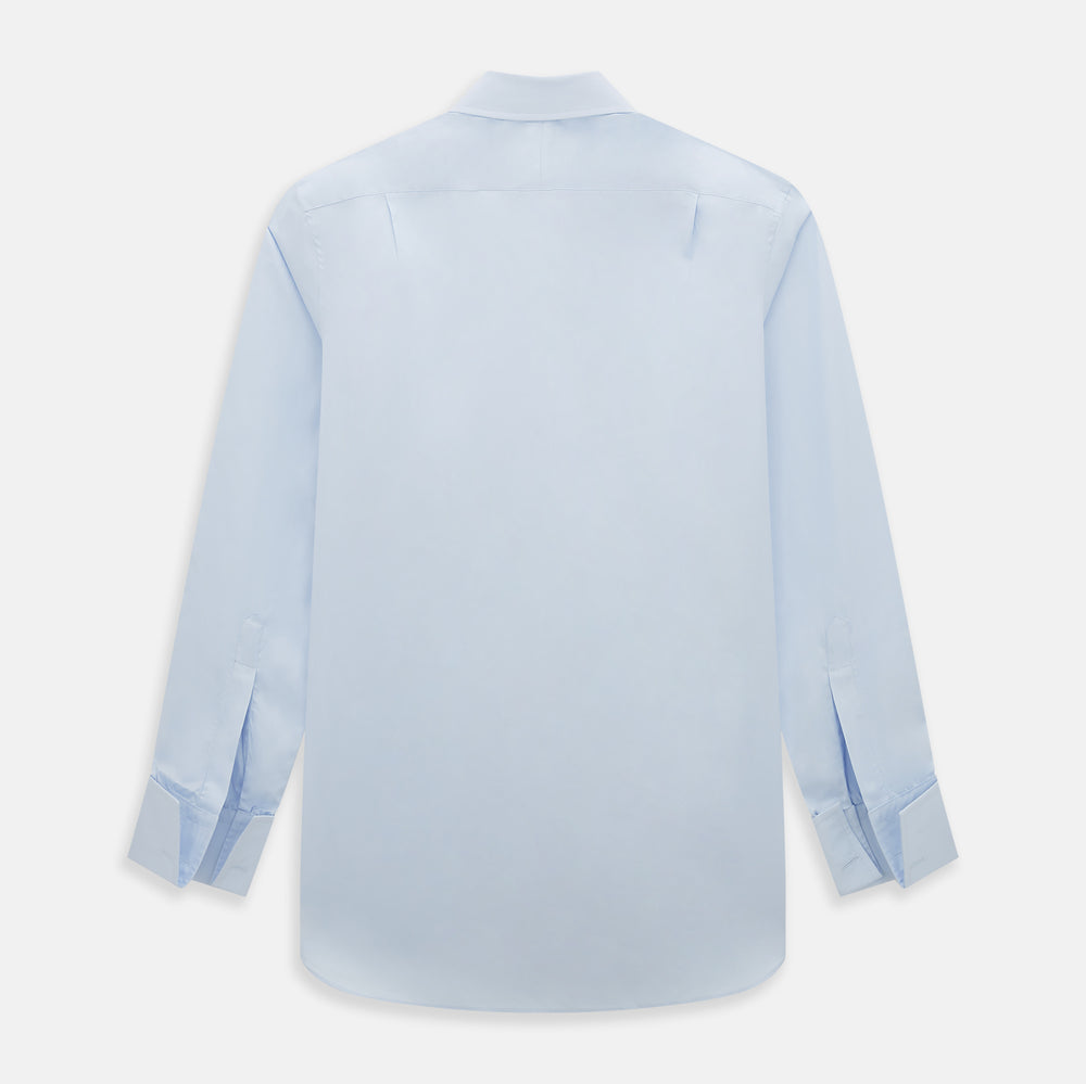 The Turnbull & Asser Light Blue Mayfair Shirt features white buttons, a classic collar, and buttoned cuffs—styled flat on a white background, it’s ideal for minimalist outfits or pairing with bold ties.
