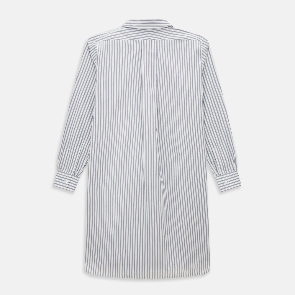 The Turnbull & Asser Purple Multi Stripe Quarzo Nightshirt features a collared, button-front design with a chest pocket and vertical white and light gray stripes, shown laid flat on a white background.