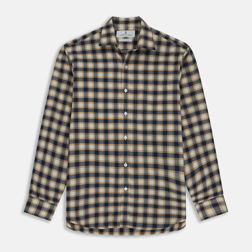 The Turnbull & Asser Blue Multi Check Weekend Fit Shirt features a Derby collar and 1-button cuffs, perfect for winter layering, shown here on a plain white background.