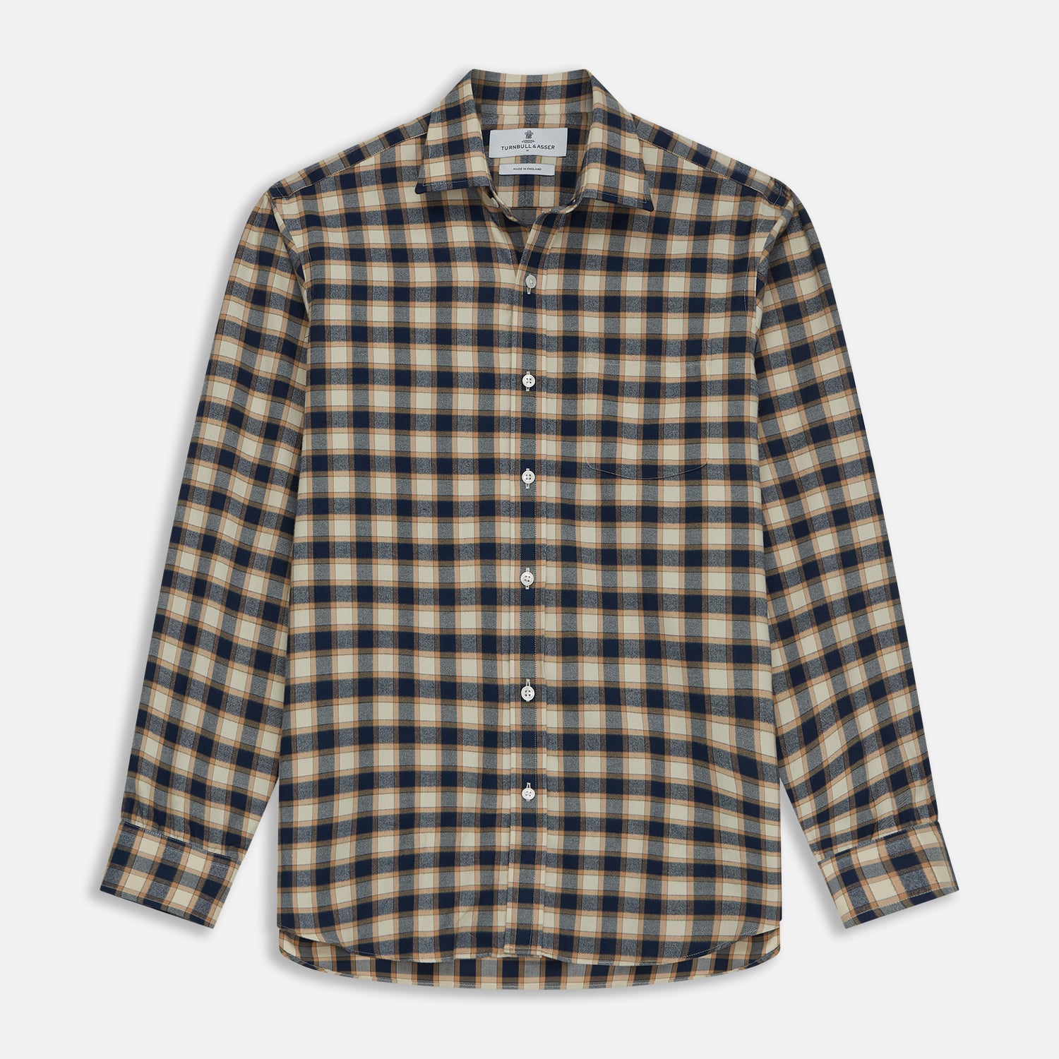 View 1 of product The Turnbull & Asser Blue Multi Check Weekend Fit Shirt features a Derby collar and 1-button cuffs, perfect for winter layering, shown here on a plain white background.