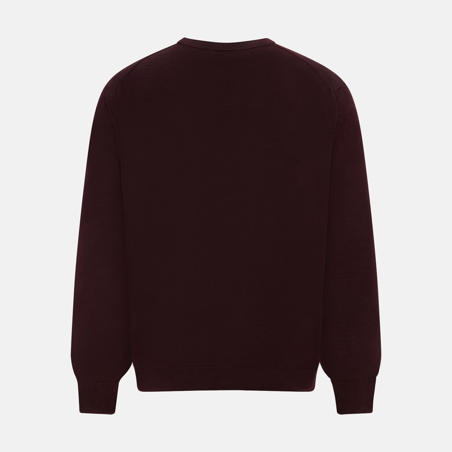 View 3 of product The Turnbull & Asser Burgundy Fine Merino V-Neck Cardigan features long sleeves and a button-down front, highlighting elegant handcrafted knitwear against a plain white background.