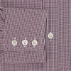 View 4 of product The Turnbull & Asser Burgundy Micro Check Mayfair Shirt features long sleeves, a pointed collar, and white buttons—perfect for formal wear. Shown laid flat on a white background.