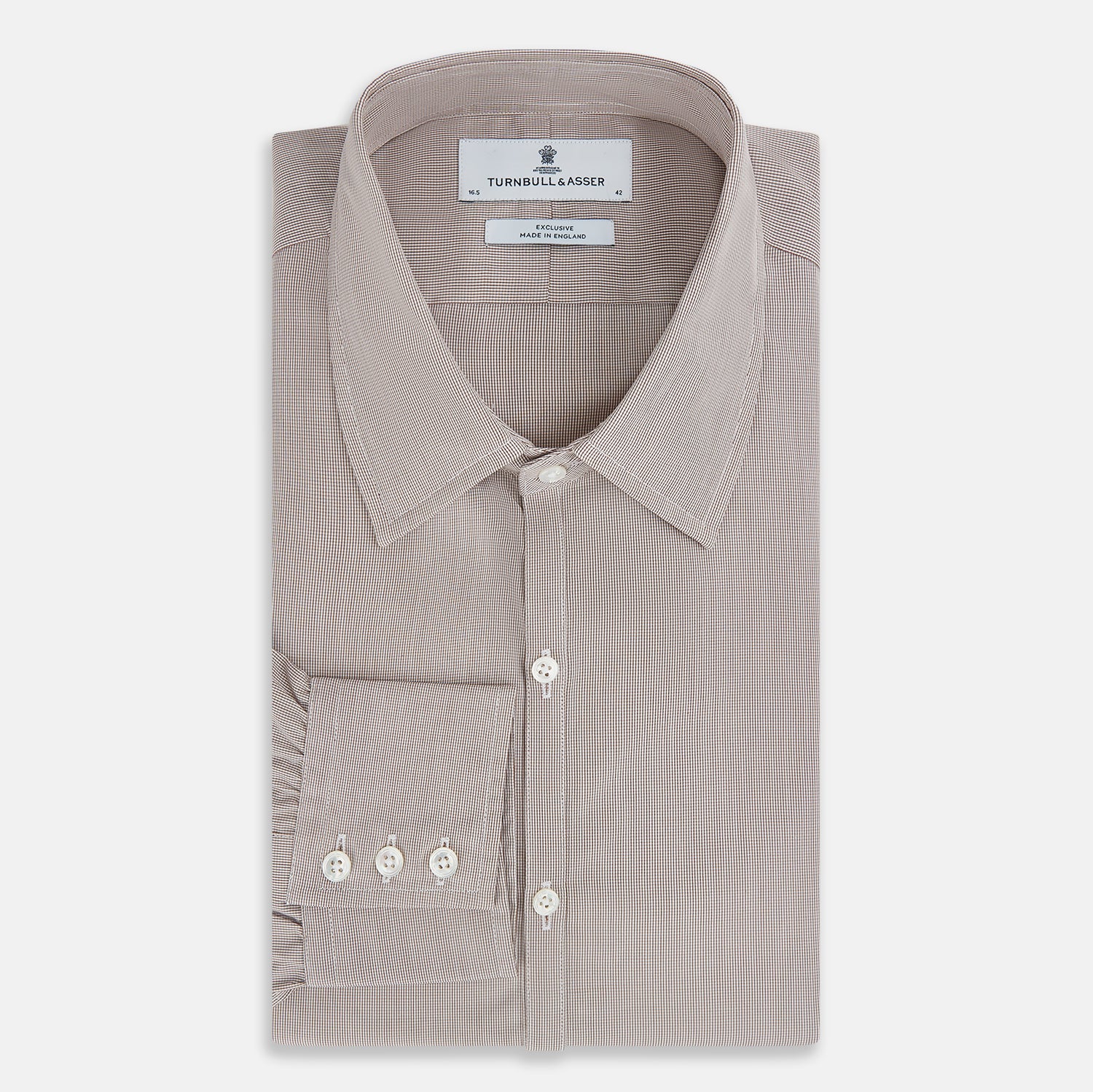 View 5 of product The Turnbull & Asser Brown Micro Graph Check Westminster shirt features long sleeves, a pointed collar, and buttoned cuffs—showcasing British craftsmanship and displayed flat on a white background.
