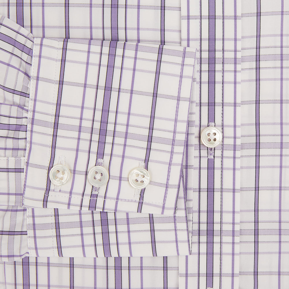 The Turnbull & Asser Purple Plaid Check Mayfair Shirt is a long-sleeve button-down with a pointed T&A collar, featuring a purple and blue plaid pattern on white.