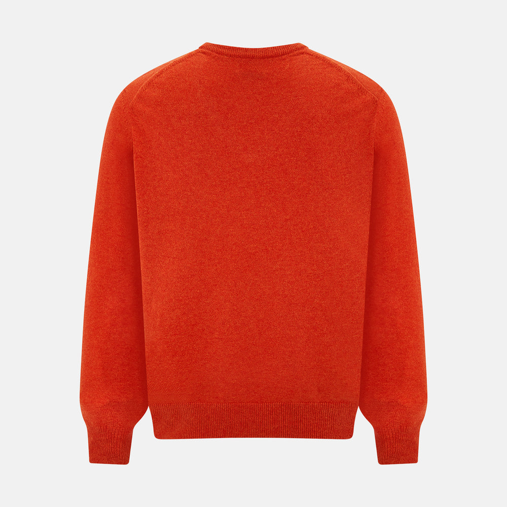 The Turnbull & Asser Red Orange Cashmere V-neck Jumper features long sleeves, ribbed cuffs and hem, displayed on a plain white background—a stylish knitwear essential for any wardrobe.