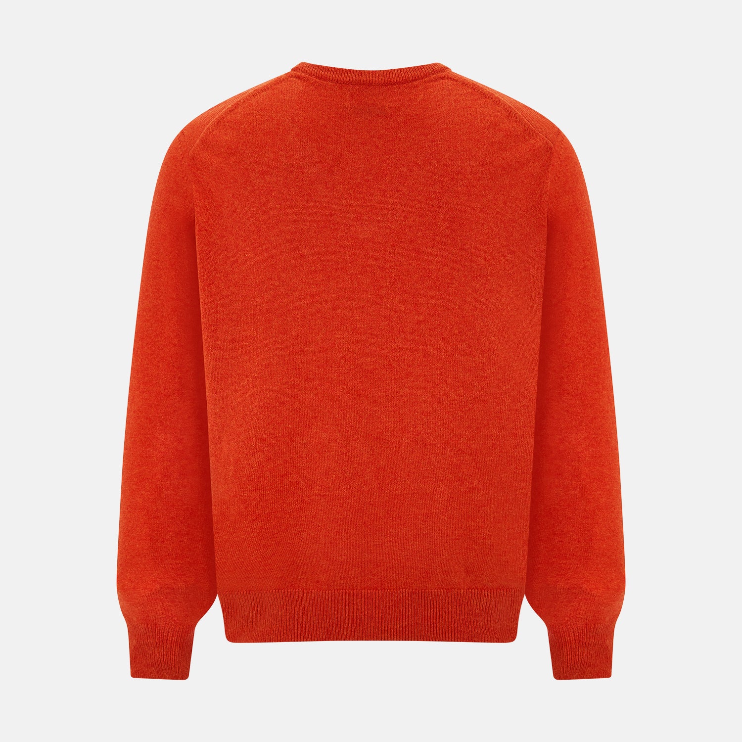 View 3 of product The Turnbull & Asser Red Orange Cashmere V-neck Jumper features long sleeves, ribbed cuffs and hem, displayed on a plain white background—a stylish knitwear essential for any wardrobe.