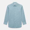View 1 of product The Turnbull & Asser Turquoise Ticking Stripe Mayfair Shirt is a long-sleeve, button-up shirt in fine Italian cotton with light blue and white stripes, a collar, white buttons, curved hem, and subtle turquoise ticking stripe.