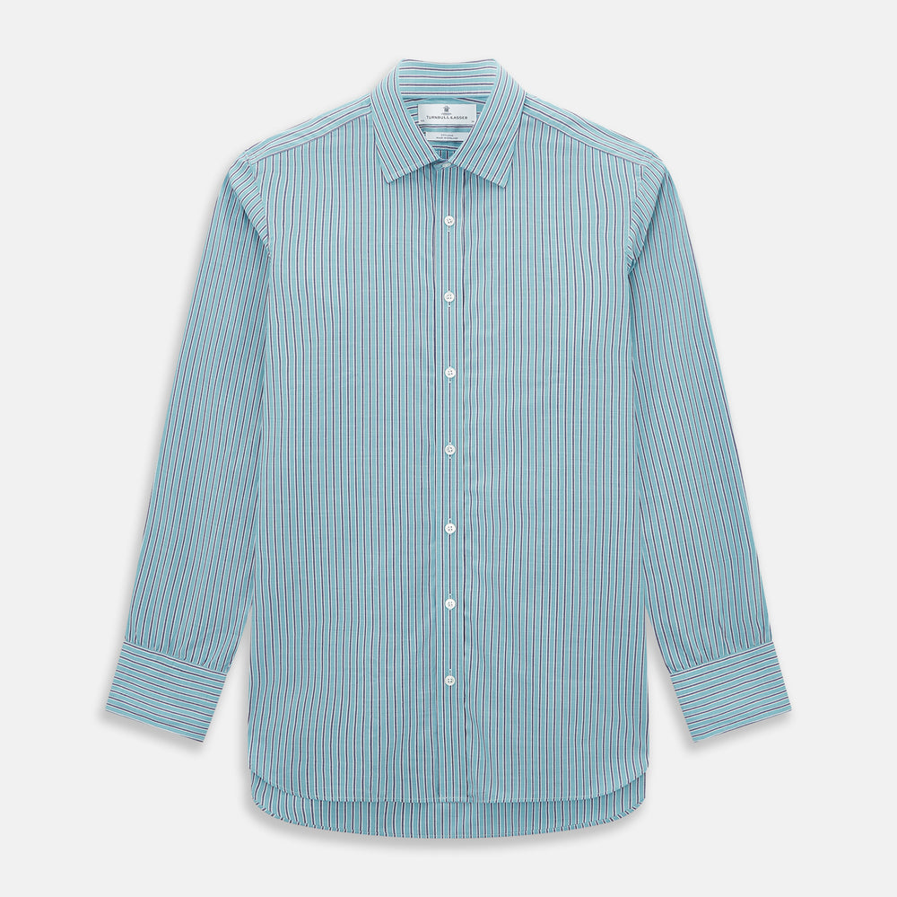 The Turnbull & Asser Turquoise Ticking Stripe Mayfair Shirt is a long-sleeve, button-up shirt in fine Italian cotton with light blue and white stripes, a collar, white buttons, curved hem, and subtle turquoise ticking stripe.
