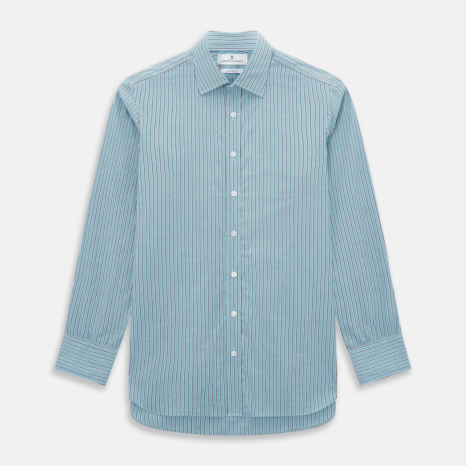 View 1 of product The Turnbull & Asser Turquoise Ticking Stripe Mayfair Shirt is a long-sleeve, button-up shirt in fine Italian cotton with light blue and white stripes, a collar, white buttons, curved hem, and subtle turquoise ticking stripe.