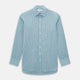 The Turnbull & Asser Turquoise Ticking Stripe Mayfair Shirt is a long-sleeve, button-up shirt in fine Italian cotton with light blue and white stripes, a collar, white buttons, curved hem, and subtle turquoise ticking stripe.