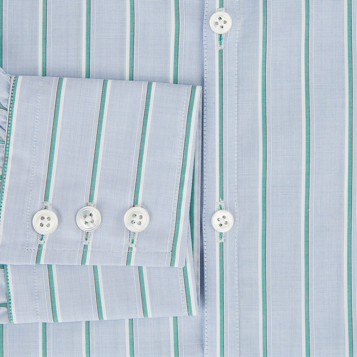 View 4 of product Blue and green multi-stripe Westminster shirt by Turnbull & Asser, featuring a pointed collar and buttoned cuffs—a refined example of British craftsmanship on a plain white background.