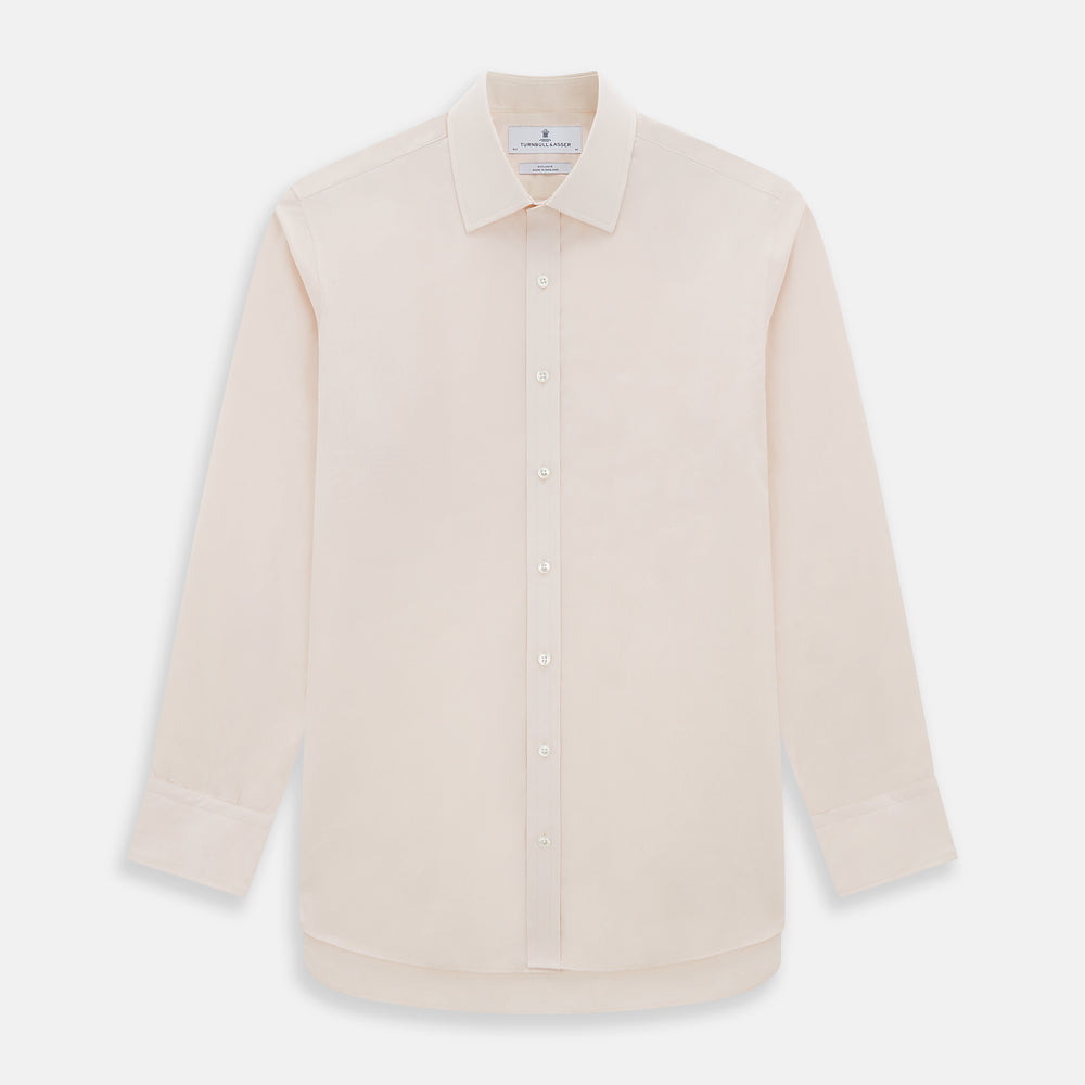 A plain, long-sleeve Pale Pink Mayfair Shirt by Turnbull & Asser with a T&A collar and buttoned cuffs, laid flat on a white background.
