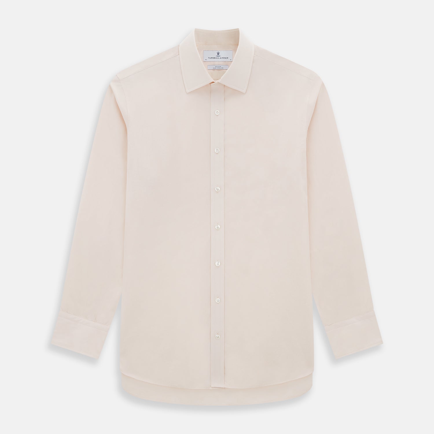 View 1 of product A plain, long-sleeve Pale Pink Mayfair Shirt by Turnbull & Asser with a T&A collar and buttoned cuffs, laid flat on a white background.