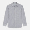 View 1 of product The Turnbull & Asser Navy Stripe Weekend Fit Shirt features a Derby collar, vertical navy and white stripes, 1-button cuffs, a chest pocket, and a regular fit, shown laid flat against a white background.