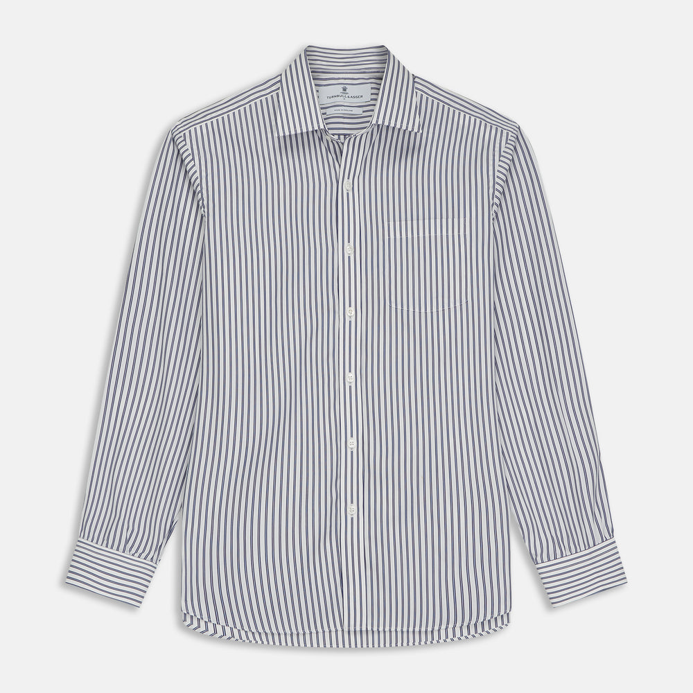 The Turnbull & Asser Navy Stripe Weekend Fit Shirt features a Derby collar, vertical navy and white stripes, 1-button cuffs, a chest pocket, and a regular fit, shown laid flat against a white background.