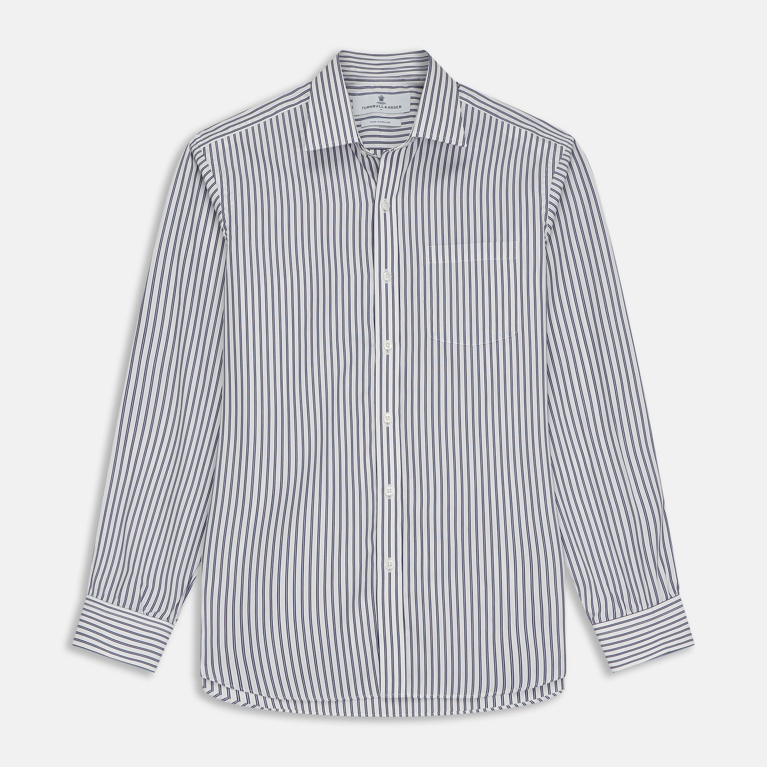 View 1 of product The Turnbull & Asser Navy Stripe Weekend Fit Shirt features a Derby collar, vertical navy and white stripes, 1-button cuffs, a chest pocket, and a regular fit, shown laid flat against a white background.