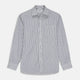 The Turnbull & Asser Navy Stripe Weekend Fit Shirt features a Derby collar, vertical navy and white stripes, 1-button cuffs, a chest pocket, and a regular fit, shown laid flat against a white background.