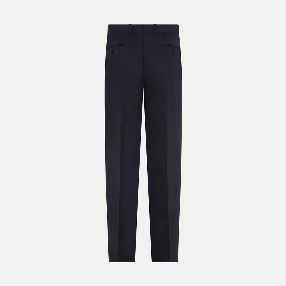The Navy Rupert Trousers by Turnbull & Asser are tailored wool trousers with a button and zip closure, belt loops, and front creases, elegantly displayed against a plain white background.