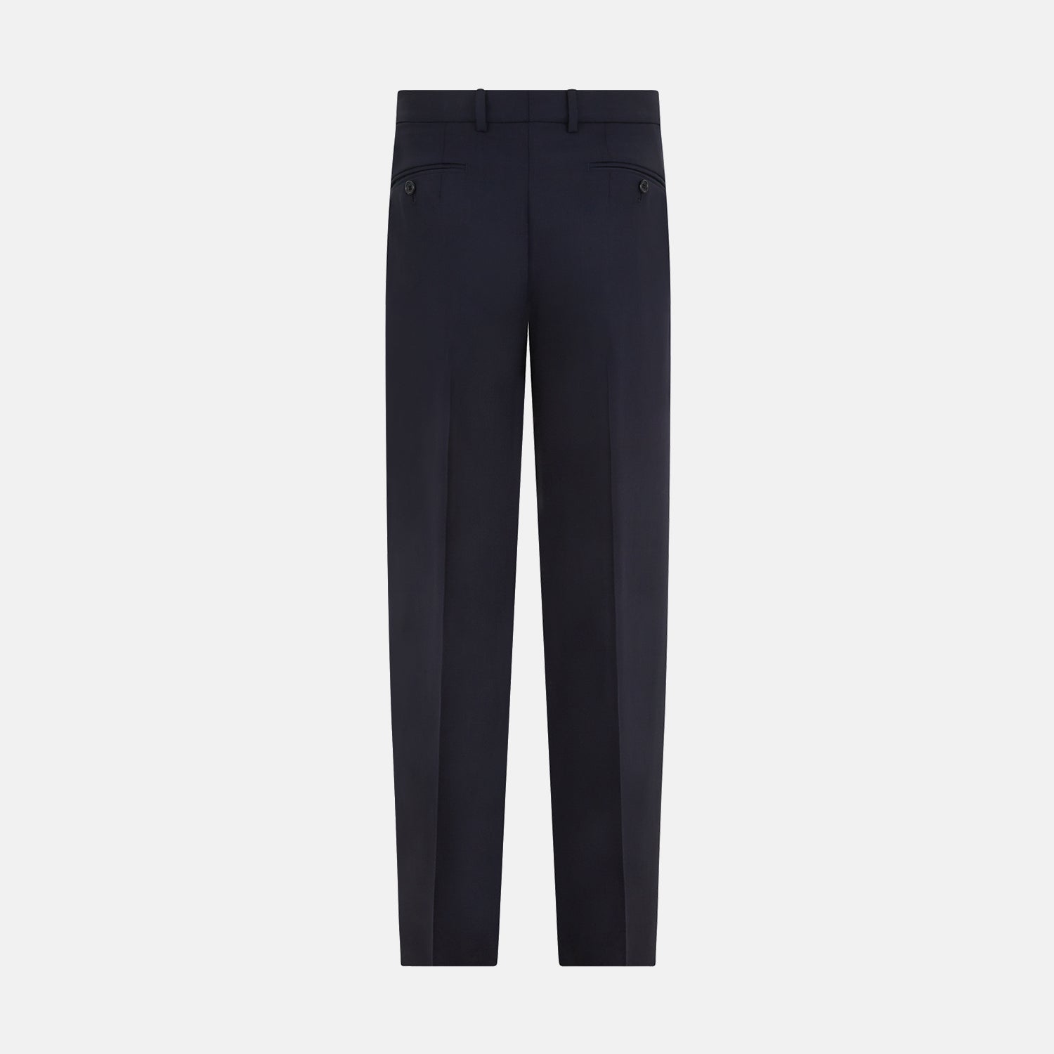 View 4 of product The Navy Rupert Trousers by Turnbull & Asser are tailored wool trousers with a button and zip closure, belt loops, and front creases, elegantly displayed against a plain white background.