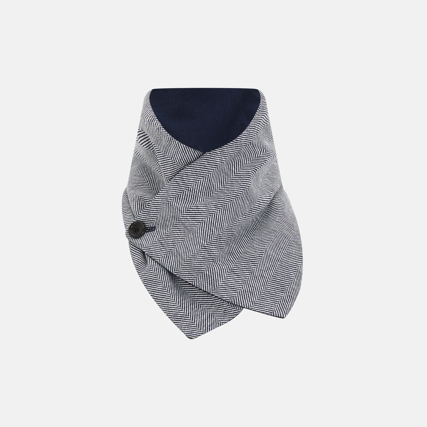 View 1 of product The Turnbull & Asser Navy Herringbone Silk and Linen Neck Warmer features a grey and white pattern, button closure, and dark navy lining—a refined formal accessory for any wardrobe.