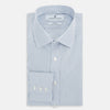 View 5 of product The Turnbull & Asser Sky Blue Shadow Pinstripe Mayfair Shirt, a long-sleeved, button-up shirt with a T&A collar and light blue and white thin vertical stripes, is displayed flat on a white background.