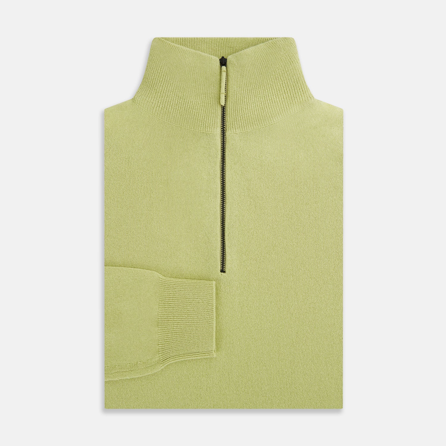 View 4 of product The Turnbull & Asser Melon Green Half-Zip Cashmere Jumper features long sleeves, a high collar, and half-zip front—ideal knitwear for layering. Shown on a plain white background.